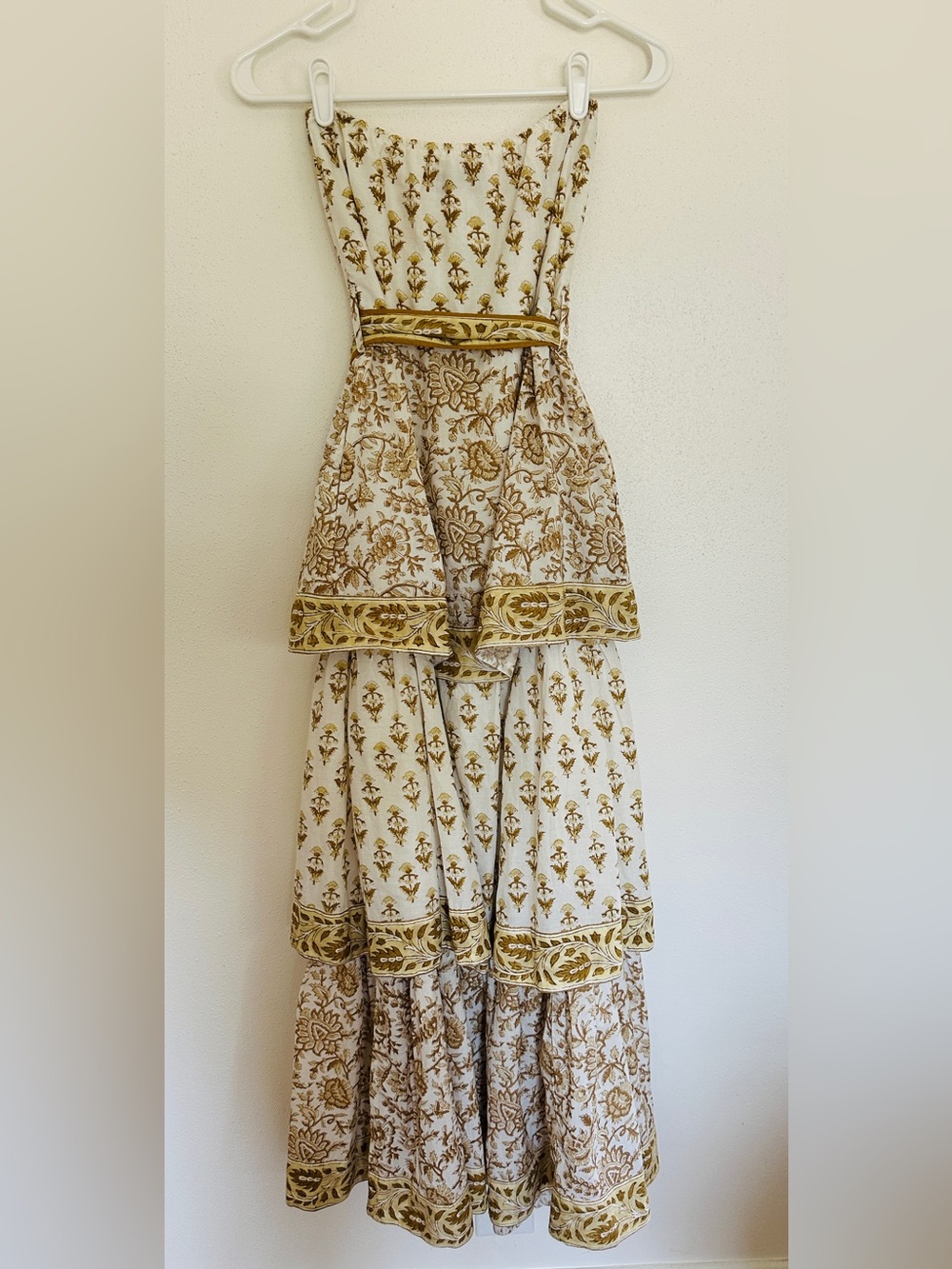 Sue Sartor Block Print Strapless Tie Back Maxi Dress Size S Marigold Yellow Boho - Picture 2 of 4